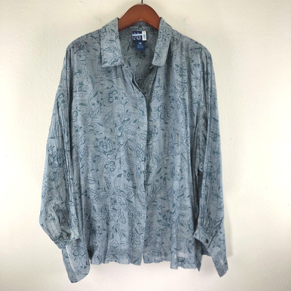Cottagecore Prairie Boho Garden Blue Floral Cotton Button Shirt Plus 4XL 26/28